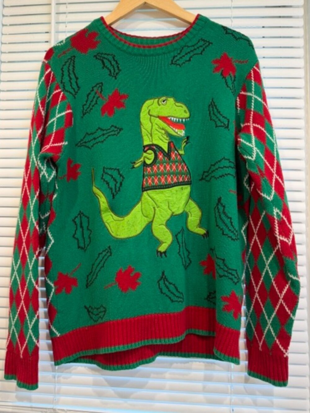 Blizzard Bay T-Rex Dinosaur Ugly Christmas Holiday Sweater Green Red